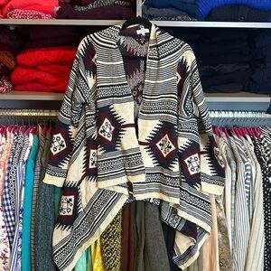 Vintage Verte ivory/blue/maroon print open front cardigan size M/L